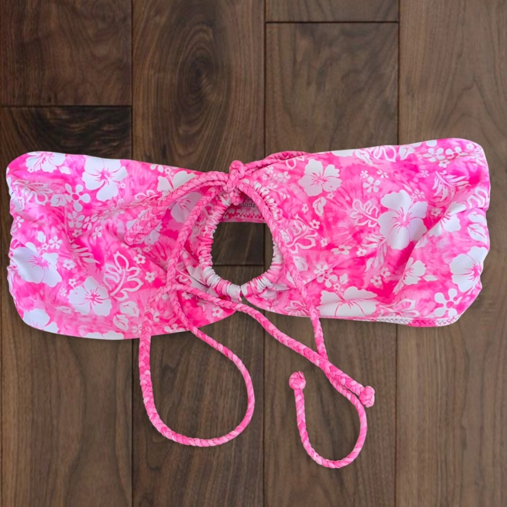 Kulani Kinis Bikini Top in Island Bush Tropical Pink Bandeau Keyhole Tie XL